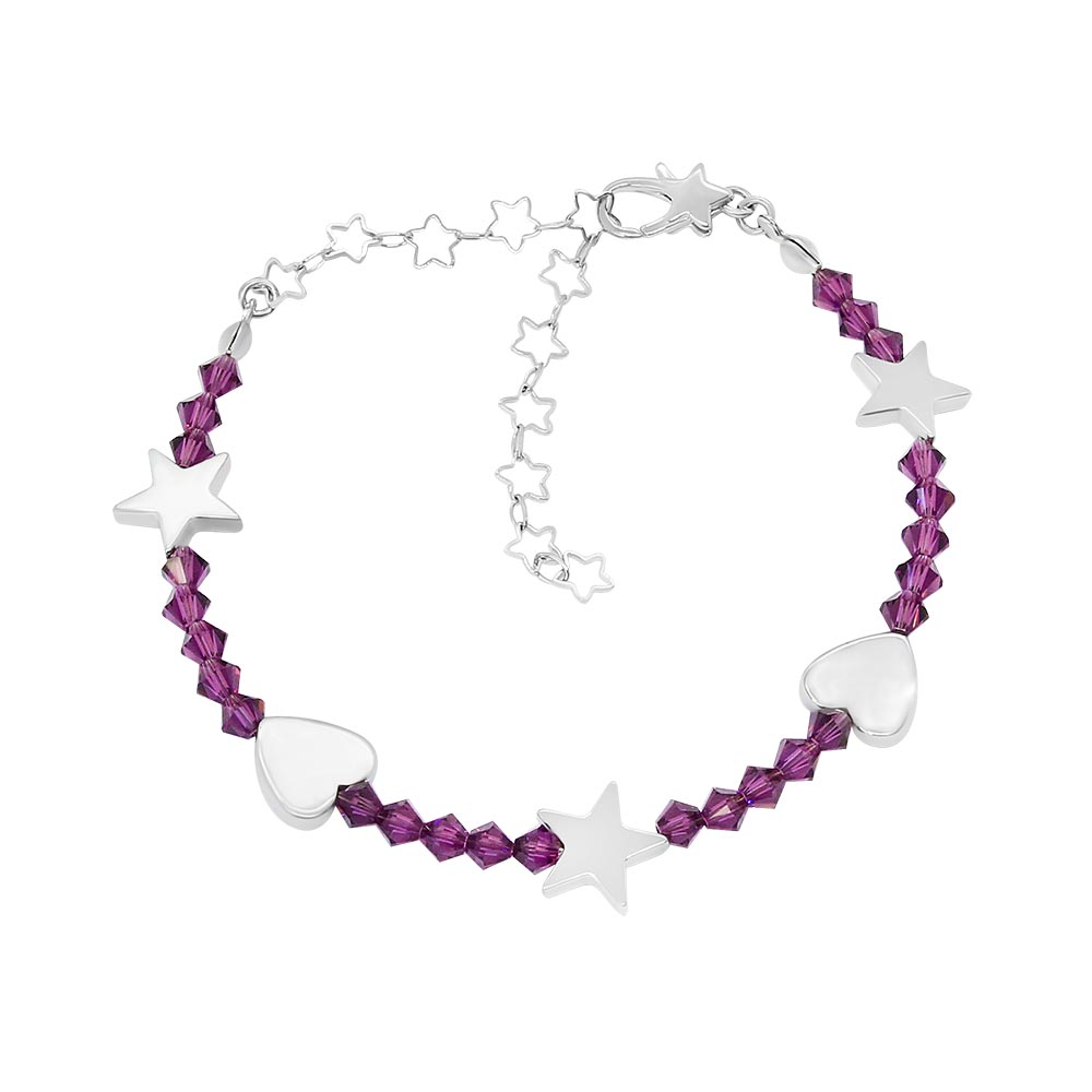 Amore personalised crystal birthstone bracelet February Amethyst with silver on white background