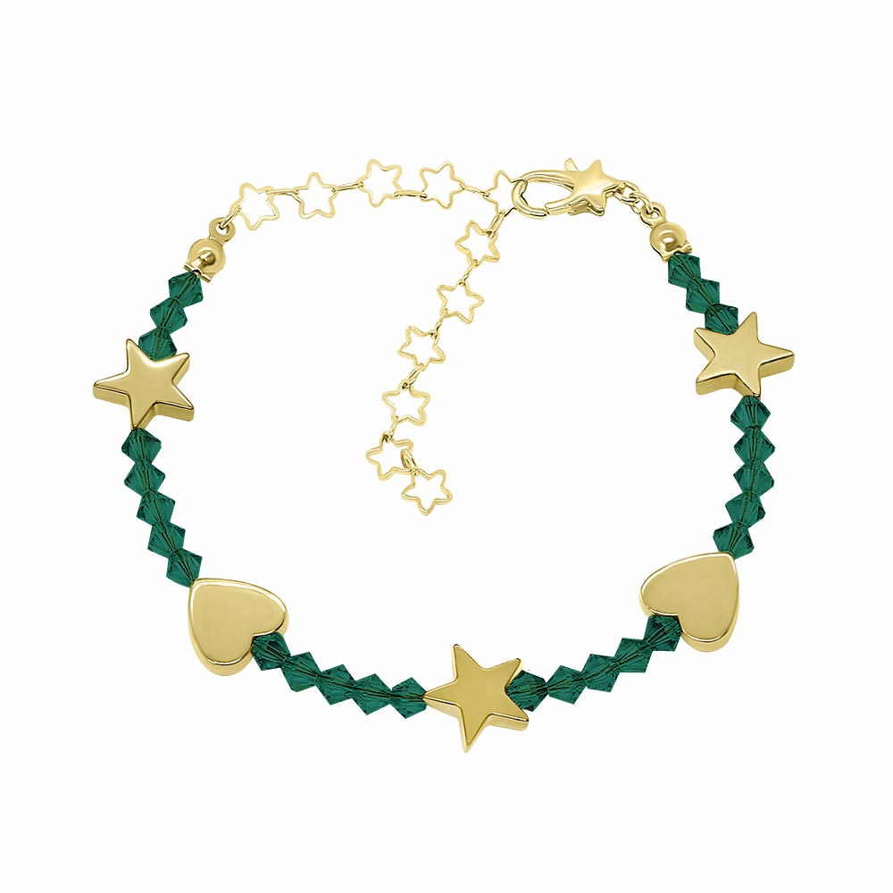 Amore personalised crystal birthstone bracelet May Emerald with gold on white background