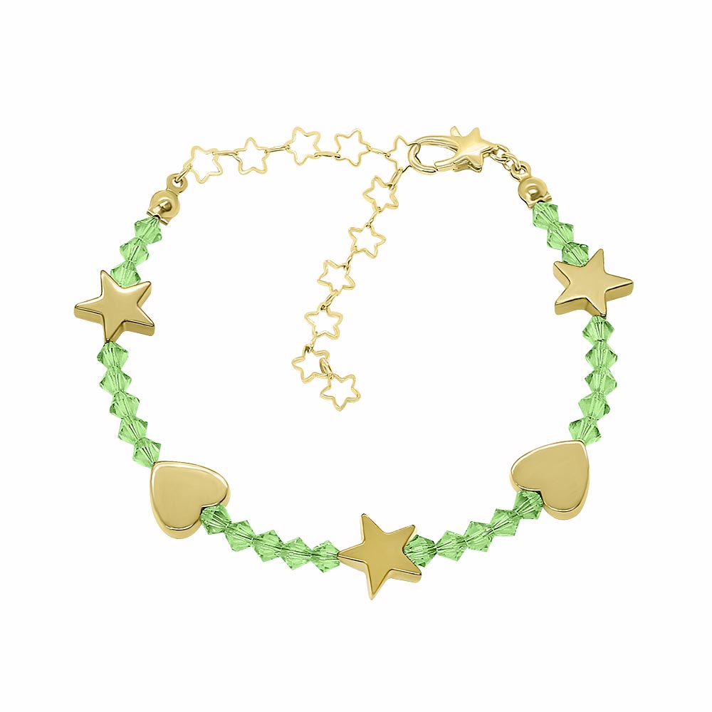 Amore personalised crystal birthstone bracelet August Peridot with gold on white background