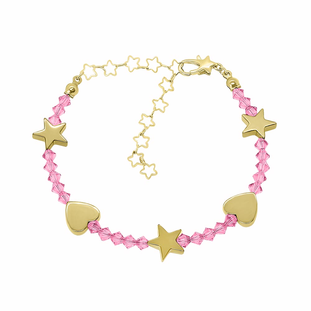 Amore personalised crystal birthstone bracelet October pink tourmaline with gold on white background