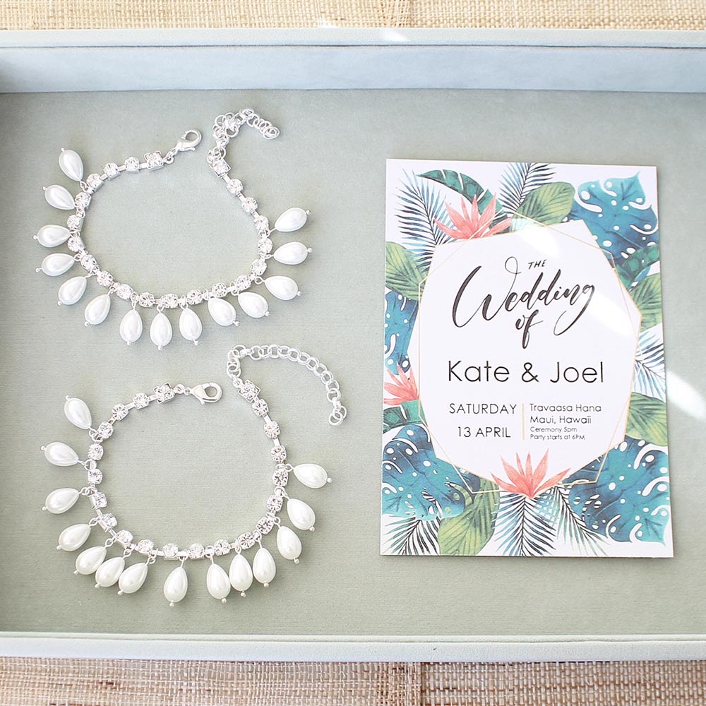 Khaleesi boho wedding pearl anklets silver with tropical wedding invitation for destination wedding