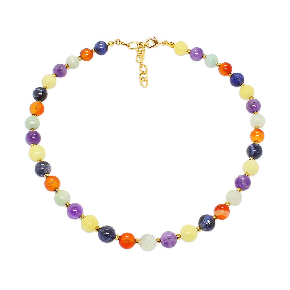 Soleil multi stone necklace with gold on white background