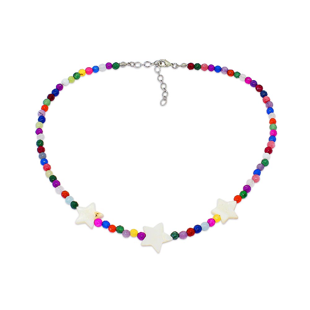 Stella dainty multicolour stone necklace with pearl stars on white background