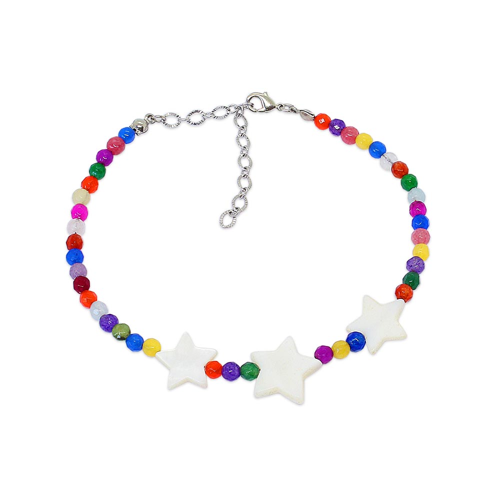 Stella pearl stars and multicolour stone anklet on white background