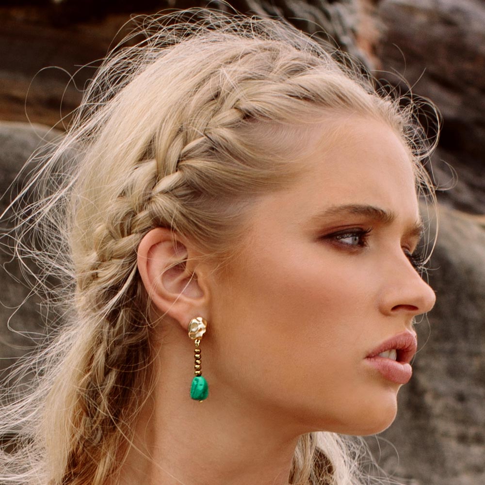 Ursa malachite and gold earrings right side