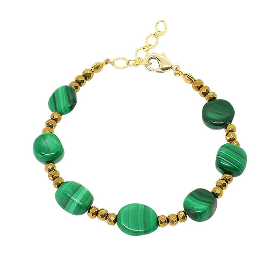 Ursa malachite stone and gold beaded bracelet on white background