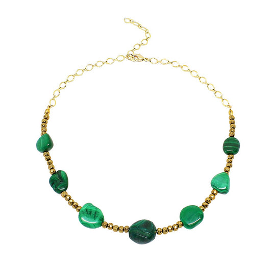 Ursa malachite stone and gold necklace on white background