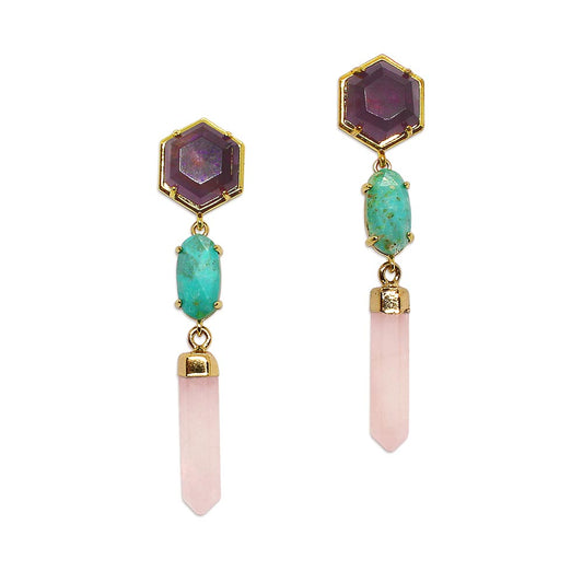 Wylda amethyst turquoise and rose quartz drop earrings on white background