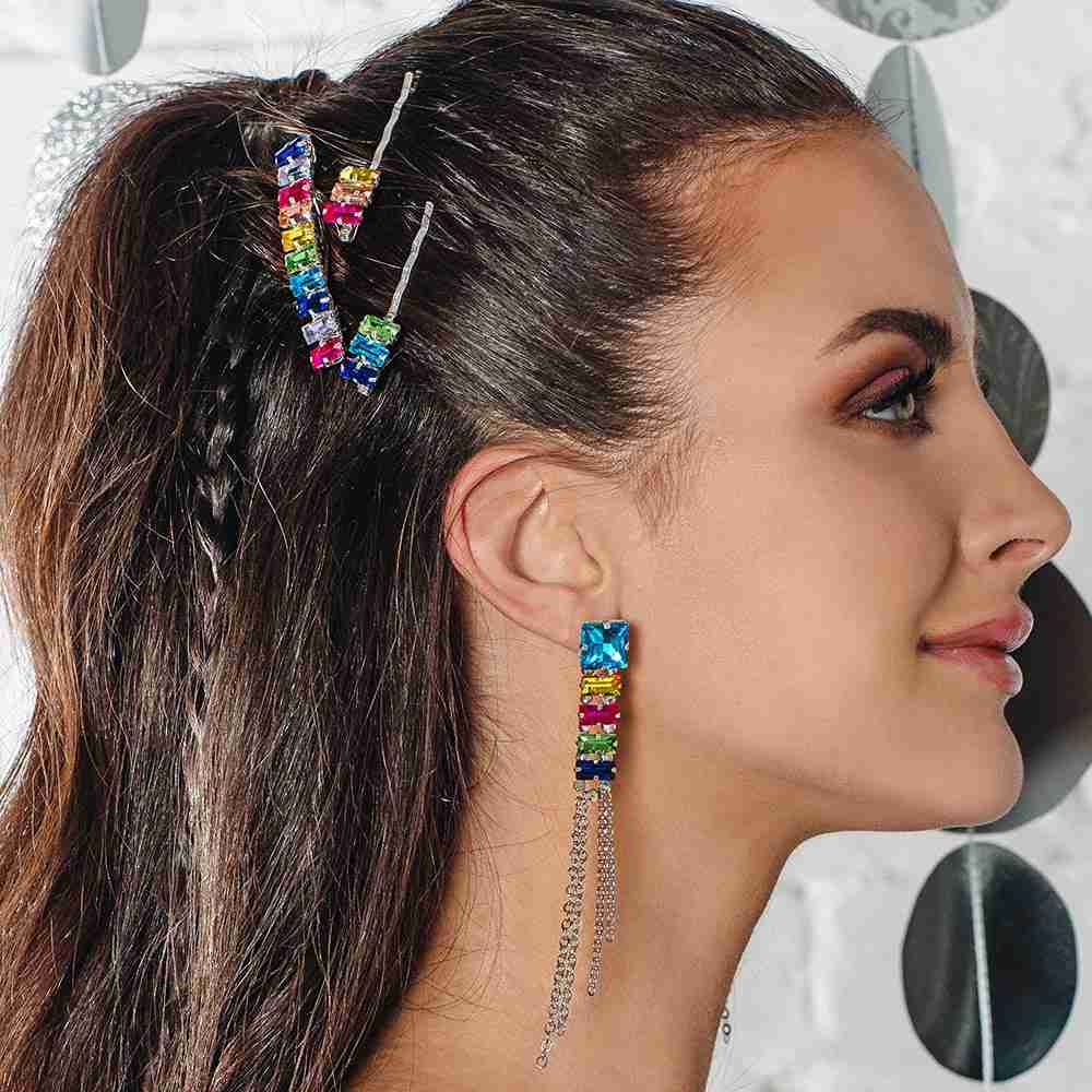 Billie hair pins worn with Billie earrings full view